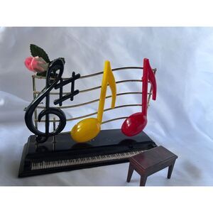 Vntg MCM Piano & Music Notes Salt And Pepper Shaker Set W/ Rose and Piano Bench